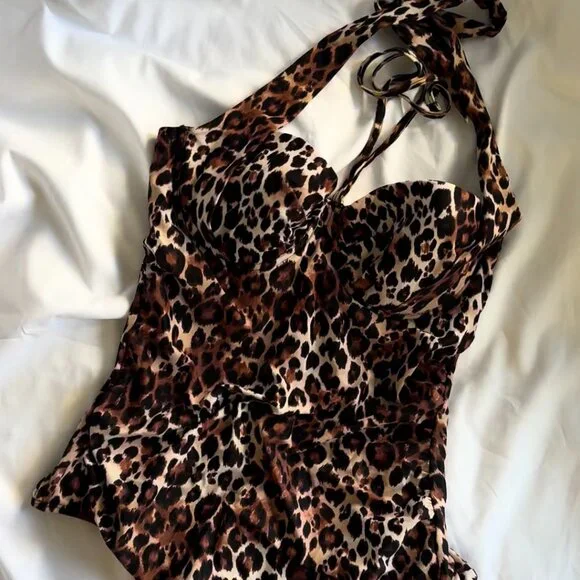 Leopard Print Halter Tie Vintage Style Swimsuit Padded Bust sz M/8 - Picture 7 of 7